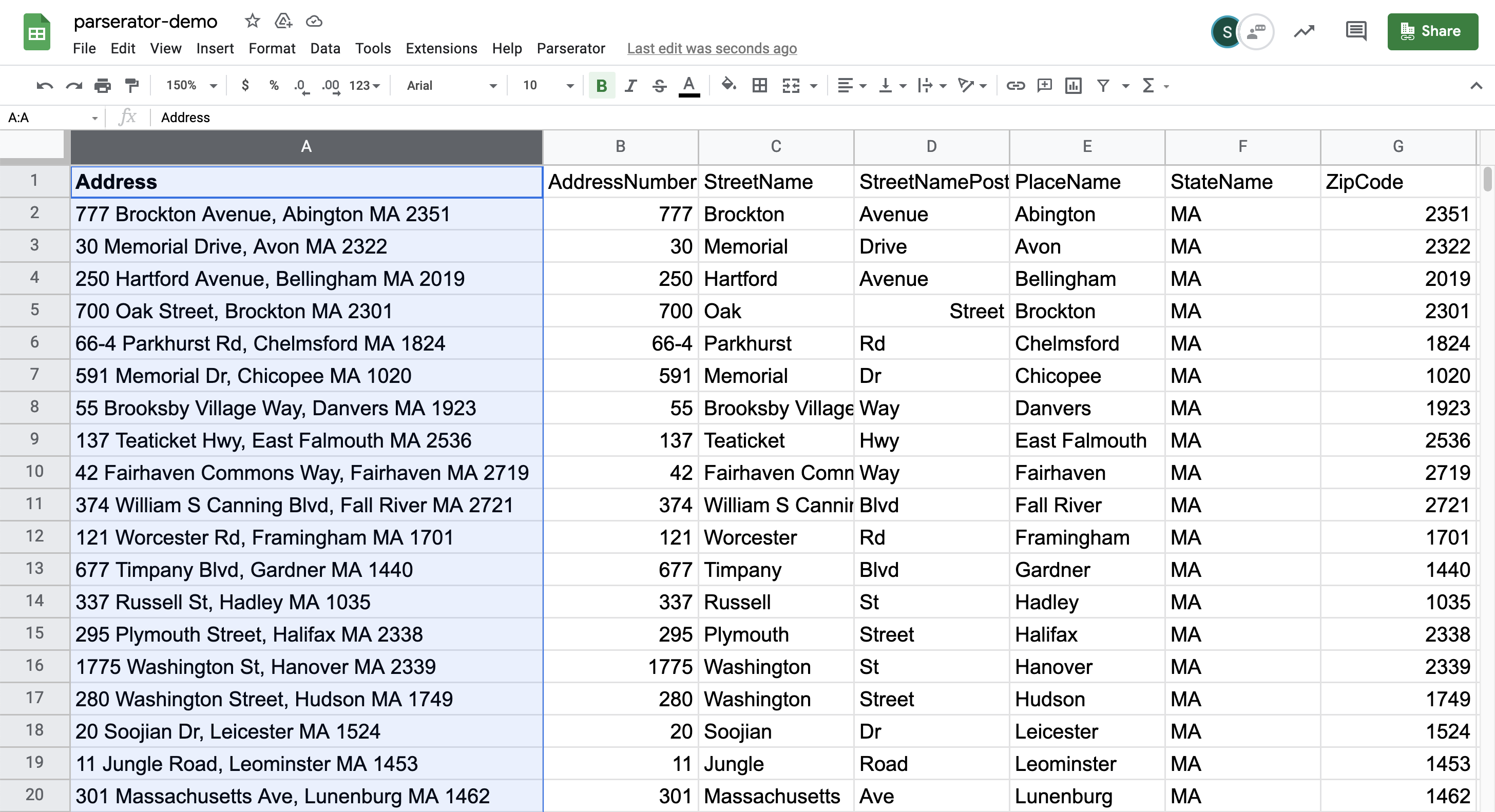 Split addresses into separate columns by street, city, state, zipcode and more right in Google Sheets